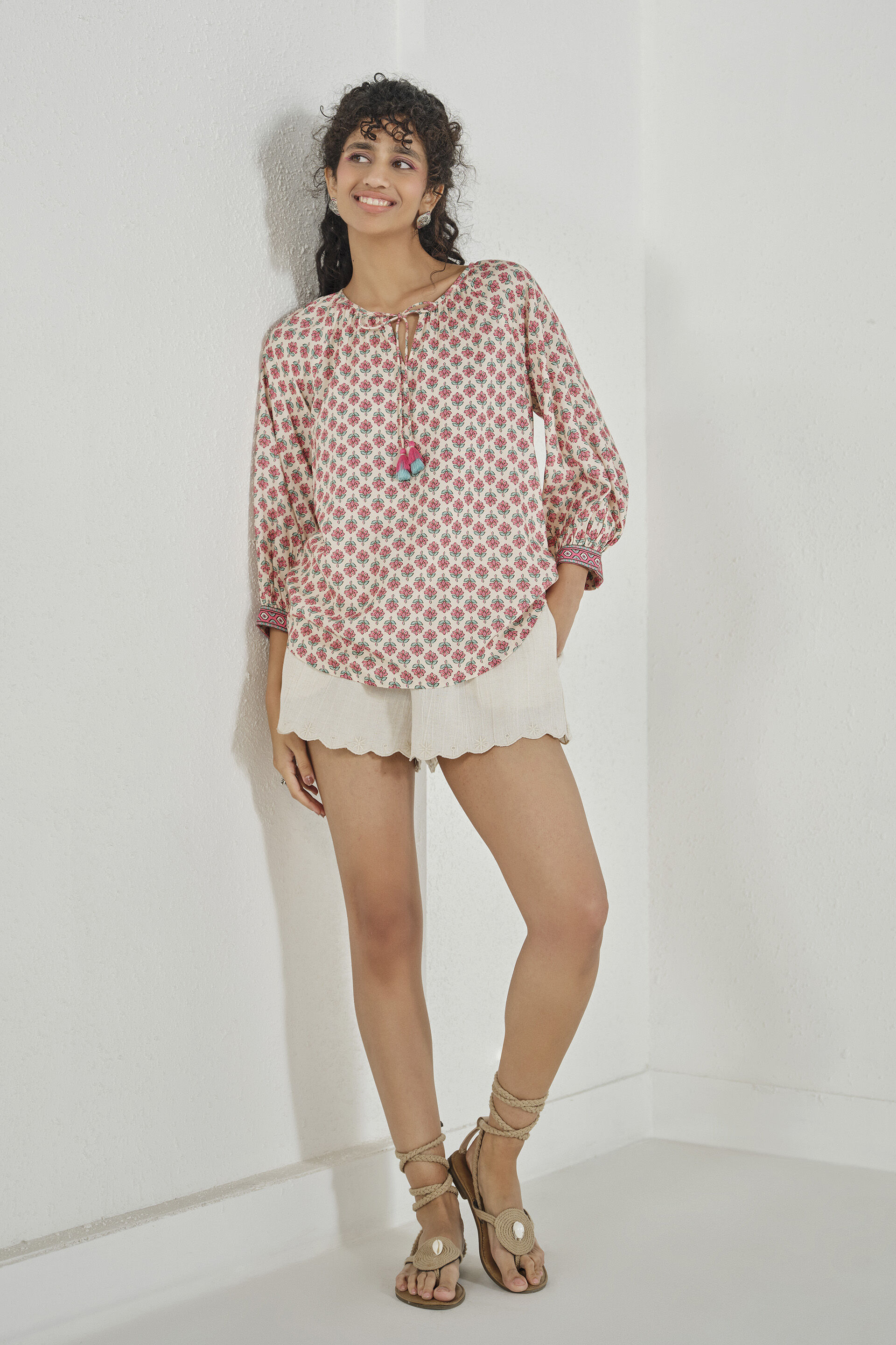 Pink Printed Peasant Top, Pink, image 2